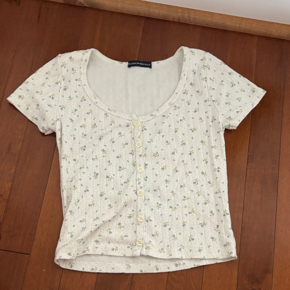 Brandy Melville Cream Floral Button-Up Tee